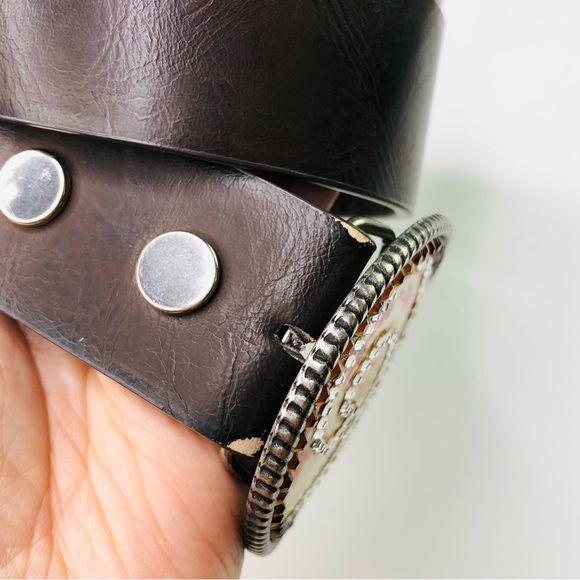 Vintage 90s Oval Buckle Belt Brown Embellished Amber Silver Rhinestones Design - Picture 4 of 8
